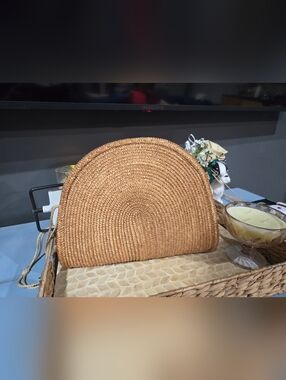 Woven Straw Half-Moon Shoulder Bag in Natural Brown